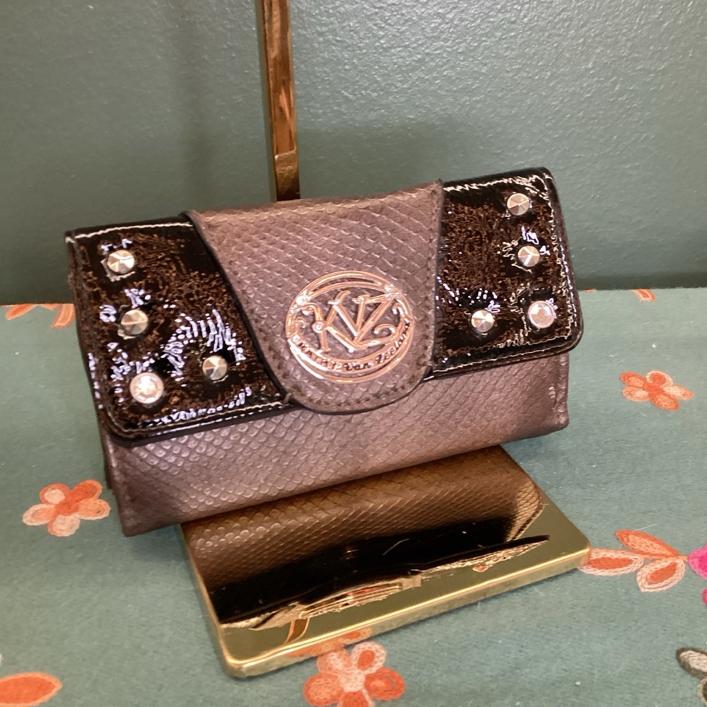 Kathy Van Zeeland Black and‎ Brown Wallet with rhinestones